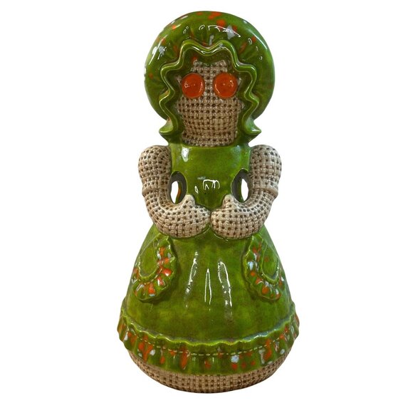 Vintage Other - Vintage 70s Pottery Maiden in Bonnet Button Eyes Utensil Knitting Holder Green